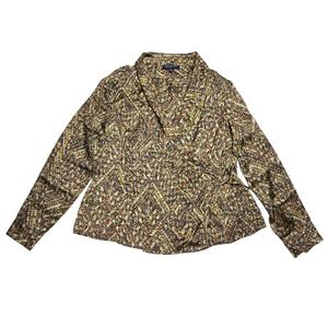 Jones New York Wrap Top Womens Large Brown Abstract Print Long Sleeve Signature